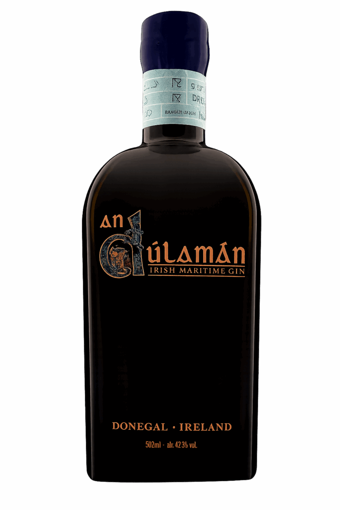 A dark, opaque bottle of An Dúlamán Irish Maritime Gin from Donegal, Ireland. The bottle features elegant orange and gold typography and is presented against a plain white background.